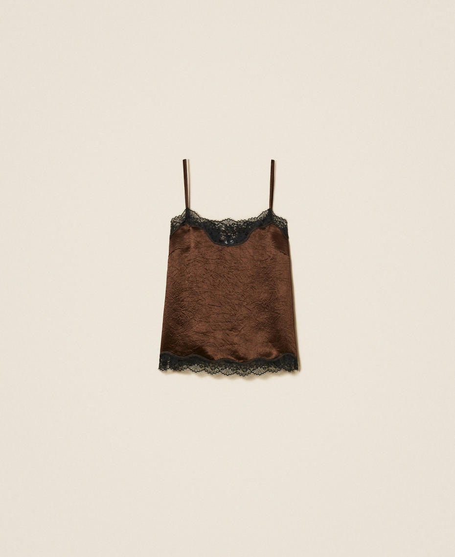 Froiss&eacute; satin and lace top Two-tone Darkness Brown/Black Woman 262TP2112_13853_S0