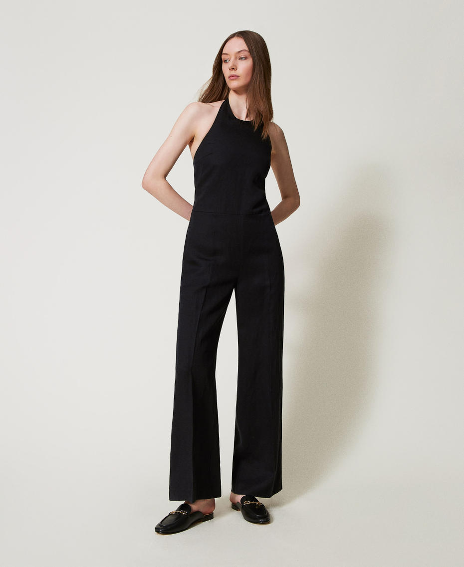 Long linen blend jumpsuit Black Woman 251TE2142_00006_01