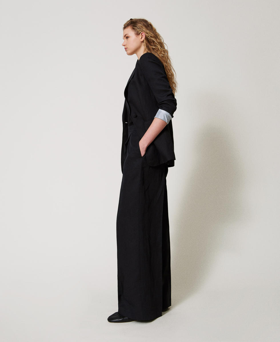 Pantalon palazzo en lin m&eacute;lang&eacute; Noir Femme 251TE2143_00006_02