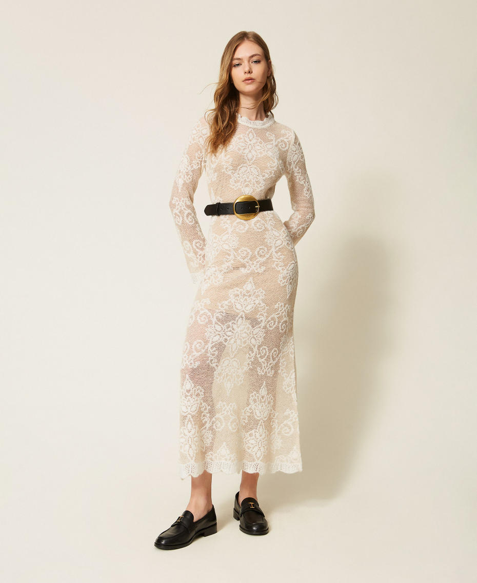 Long jacquard alpaca blend knit dress "Parchment" Beige Woman 262TP3344_07222_01