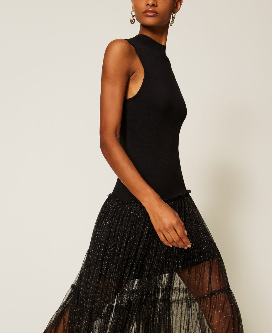 Abito lungo smanicato in maglia e tulle plumetis Nero Donna 262TT3421_00006_04