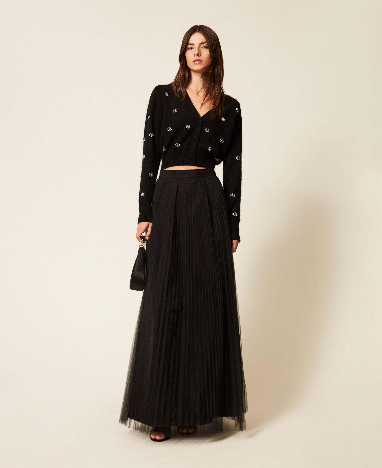 Falda larga de tafetán y tul Negro Mujer 252TT2284_00006_02