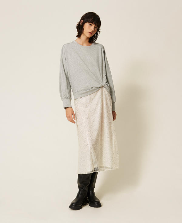 Maxikleid aus Sweatstoff und besticktem T&uuml;ll