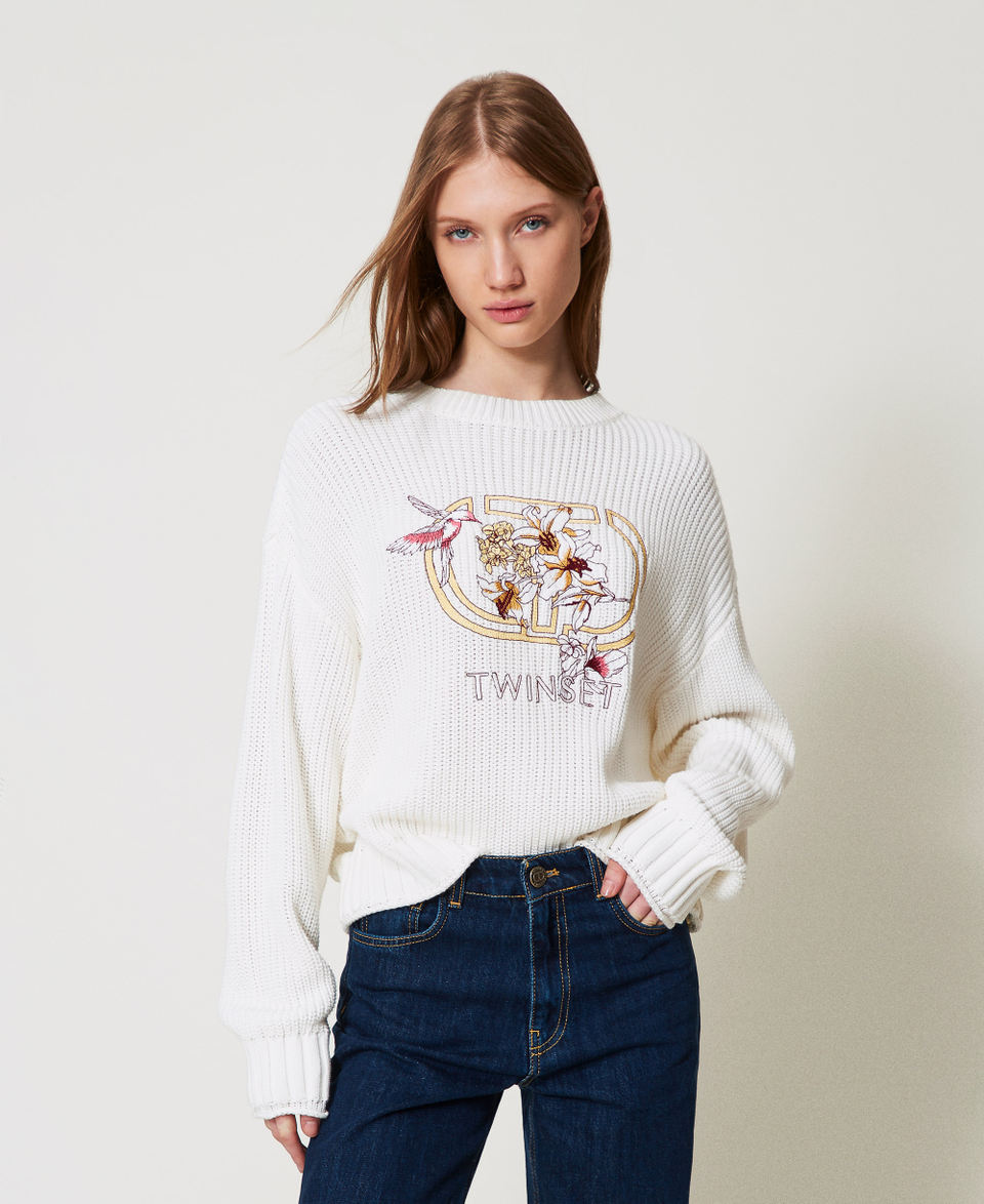 Jumper with Oval T and embroidery Mother Of Pearl Woman 251TP3600_00059_01
