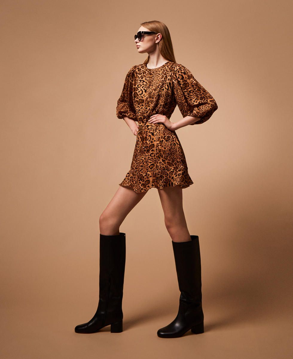 Short jacquard animal print dress Coffee/Land Brown Animal Print Woman 252TP2472_12737_PC