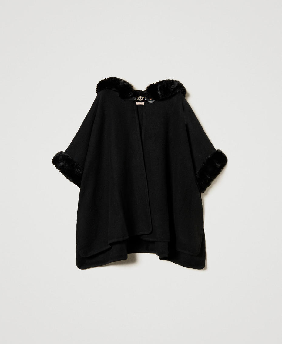 Wool cloth and faux fur poncho Black Woman 242TO5700_00006_S0