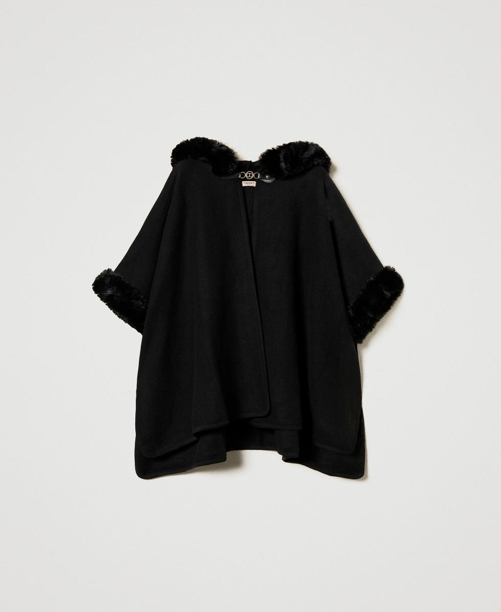 Poncho en drap et fausse fourrure Noir Femme 242TO5700_00006_S0