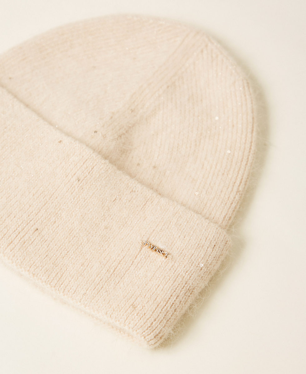 Knit beanie with sequins "Parchment" Beige Woman 252TA426B_07222_02