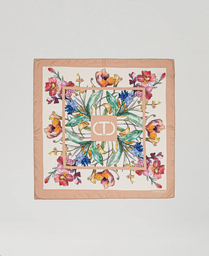 Keffiyeh with logo and flower print Delicate Beige Flowers Print Woman 251TA4330_12277_05