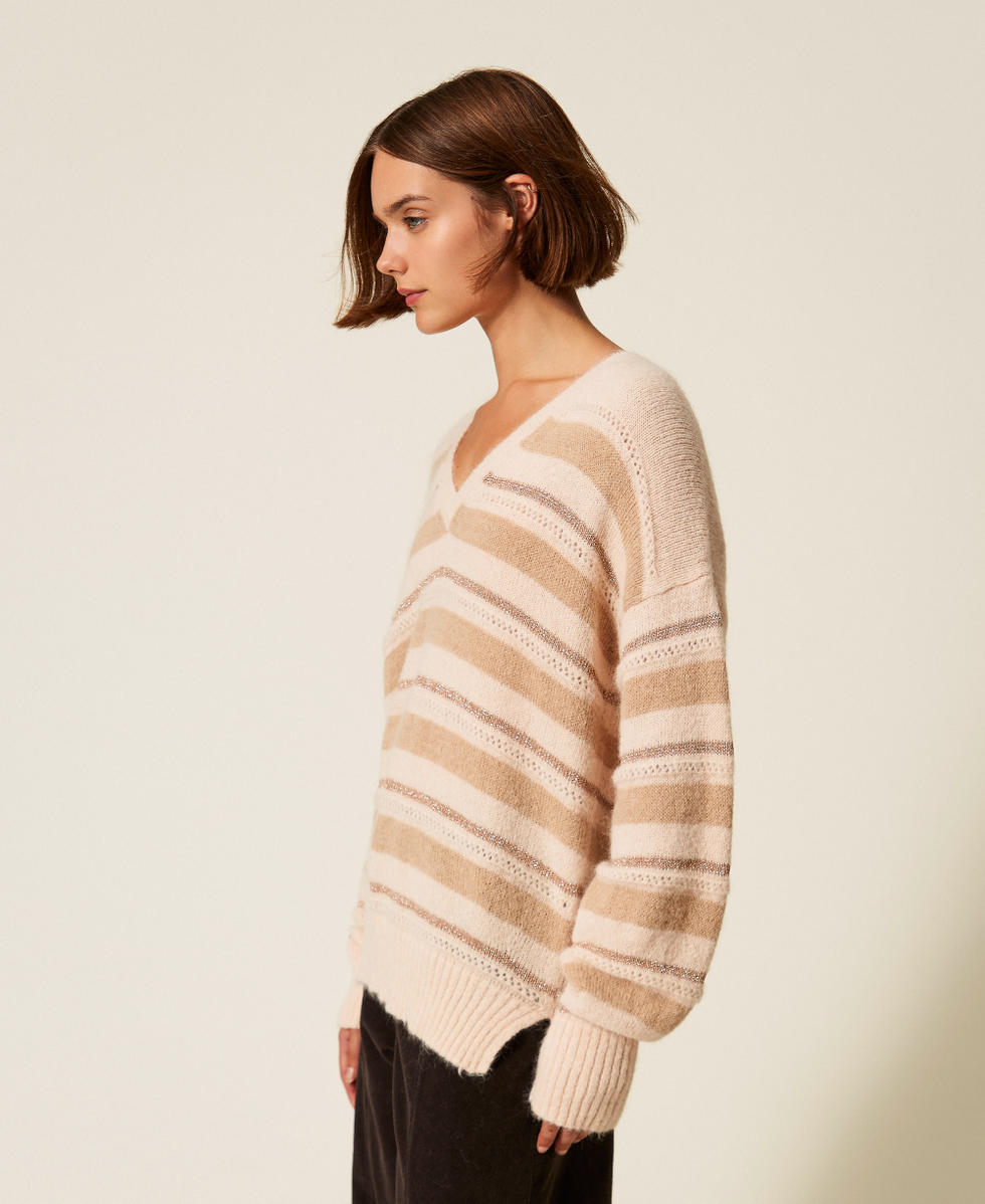 Longpullover aus Alpaka-Mischung Streifen Alpakabraun /Alpaka Lurex Frau 252TT3072_13009_02
