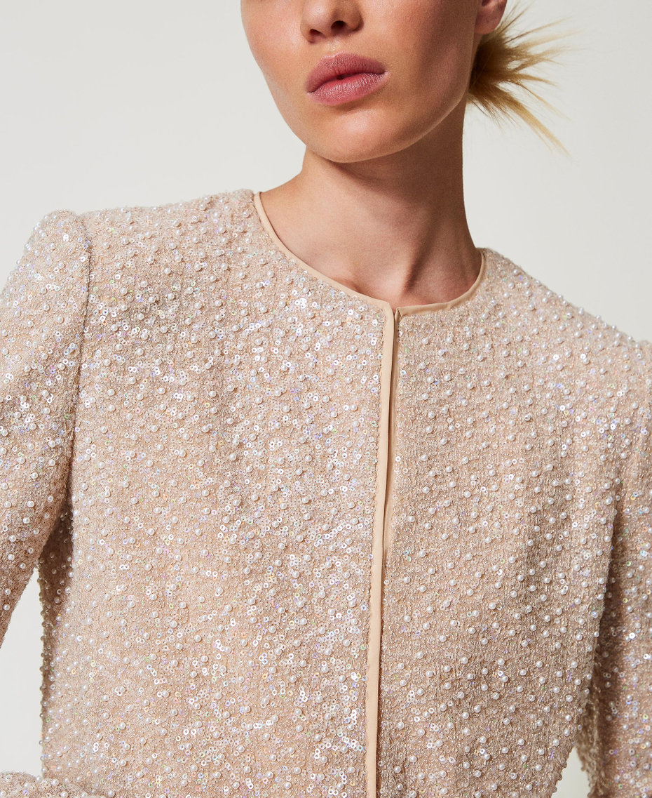 Jacket with sequins and pearls Snow/Delicate Beige Sequin & Pearl Embroidery Woman 251TP2202_12254_04