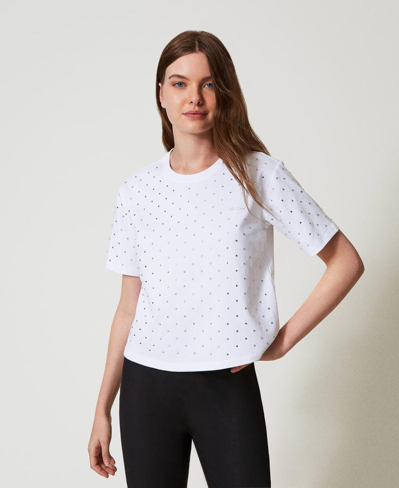 Boxy T-shirt with rhinestones "Papers" White Woman 251AP2210_00840_01