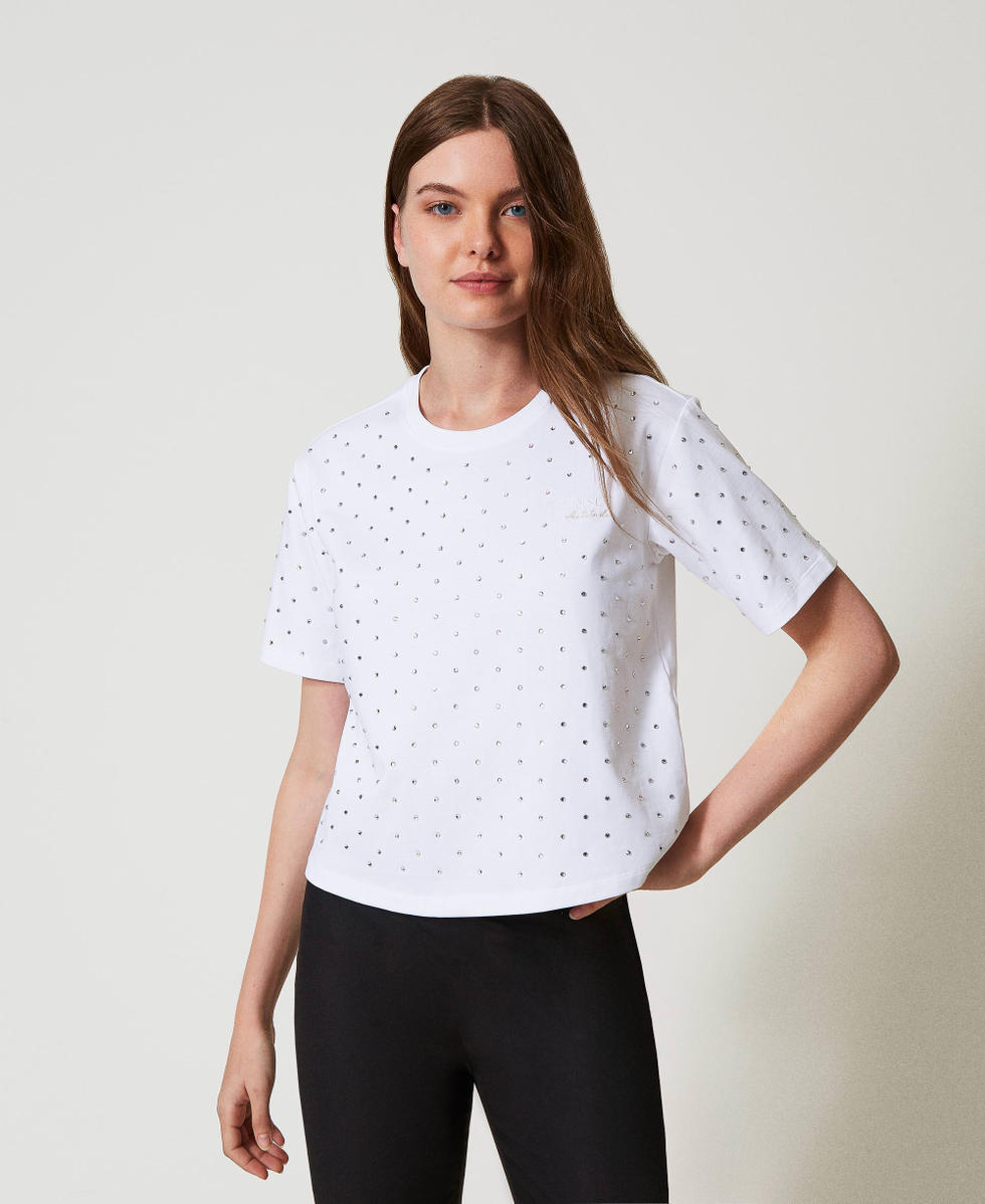 Boxy T-shirt with rhinestones "Papers" White Woman 251AP2210_00840_01