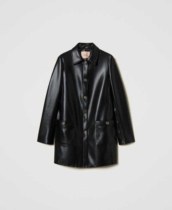 Faux nappa leather trench coat with logo buttons