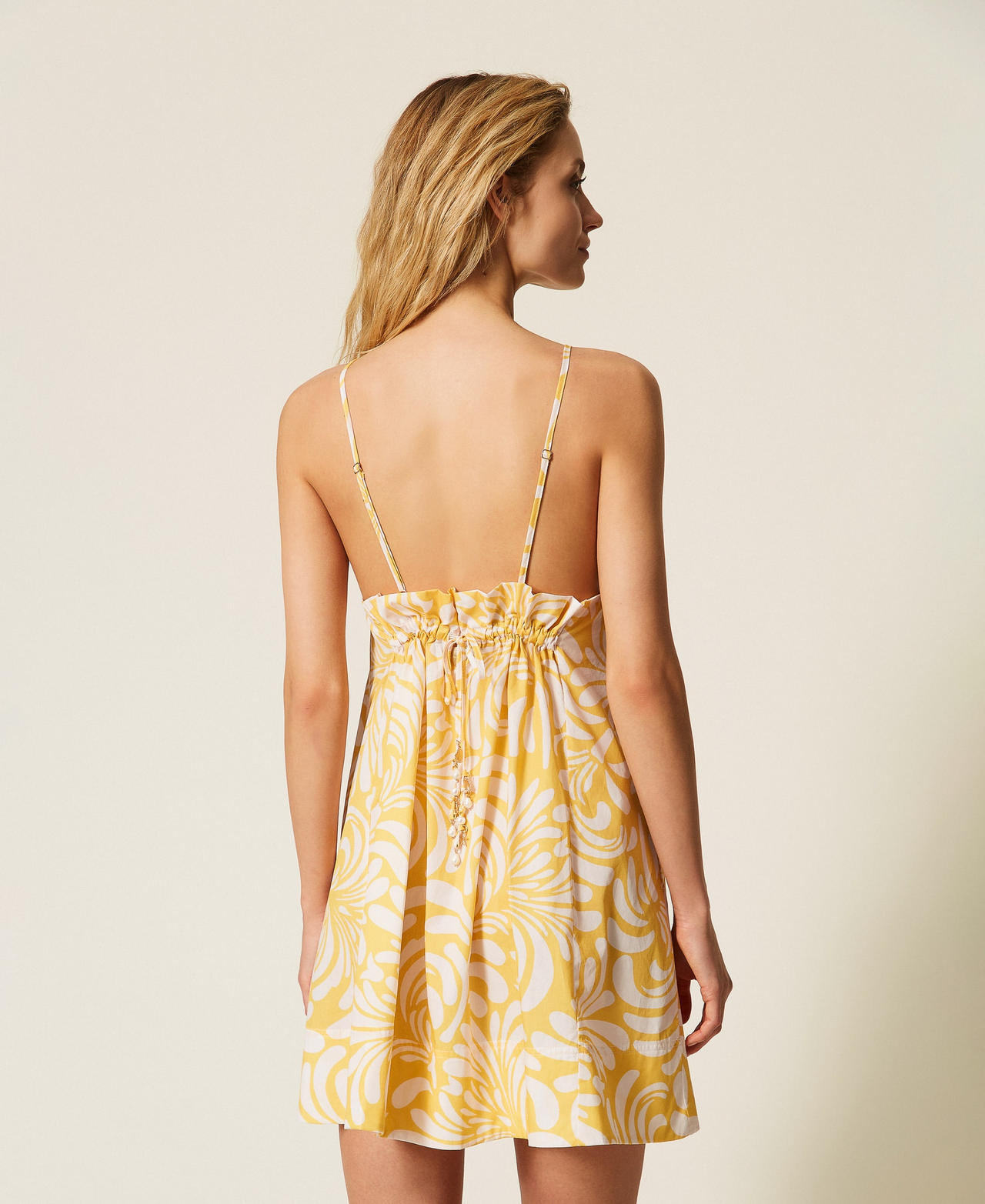 Short printed poplin dress Corn Cream Yellow/Vanilla White Botanical Print Woman 261LM2QFF_13468_03