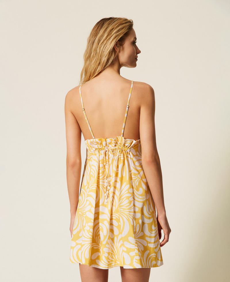 Short printed poplin dress Corn Cream Yellow/Vanilla White Botanical Print Woman 261LM2QFF_13468_03