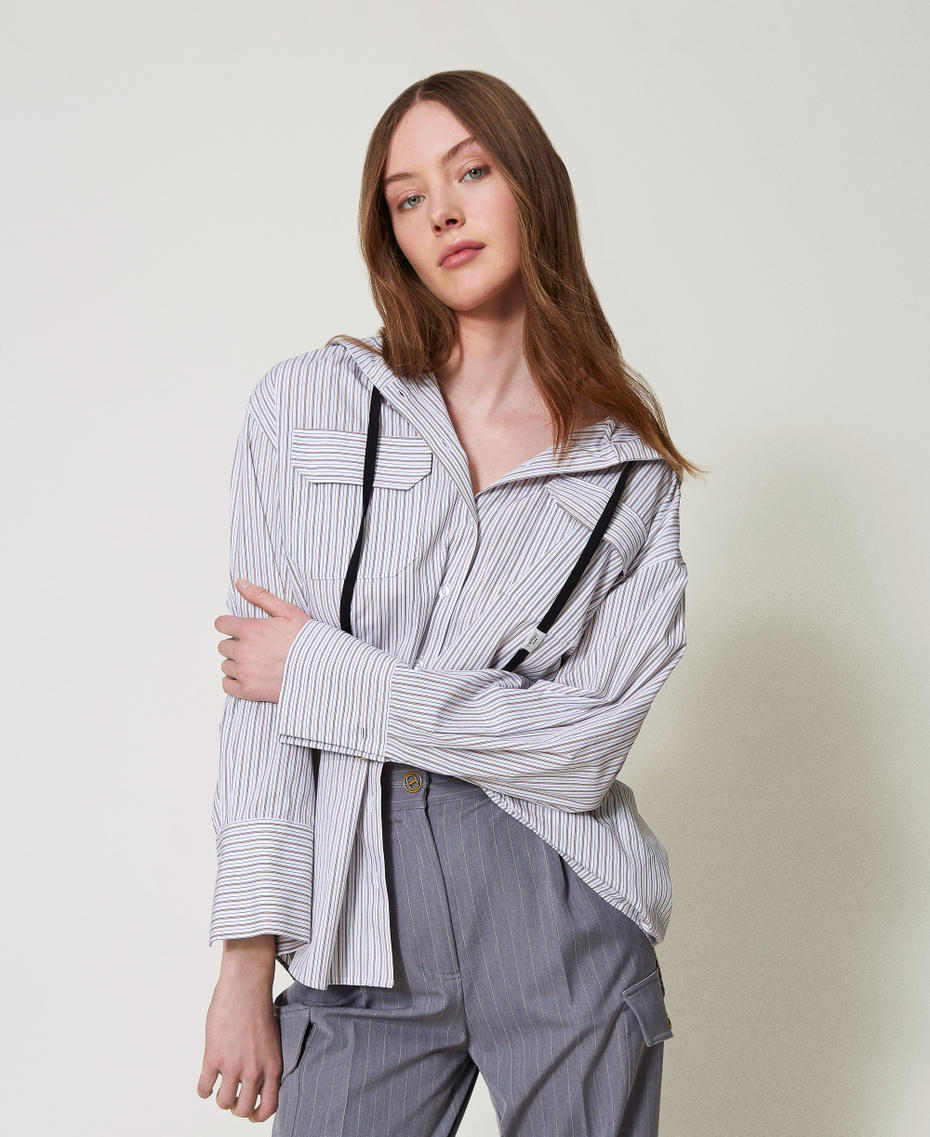 Camicia in popeline a righe con cappuccio Stripes Optical White / Beige "Rope" Donna 251TE2081_12324_01