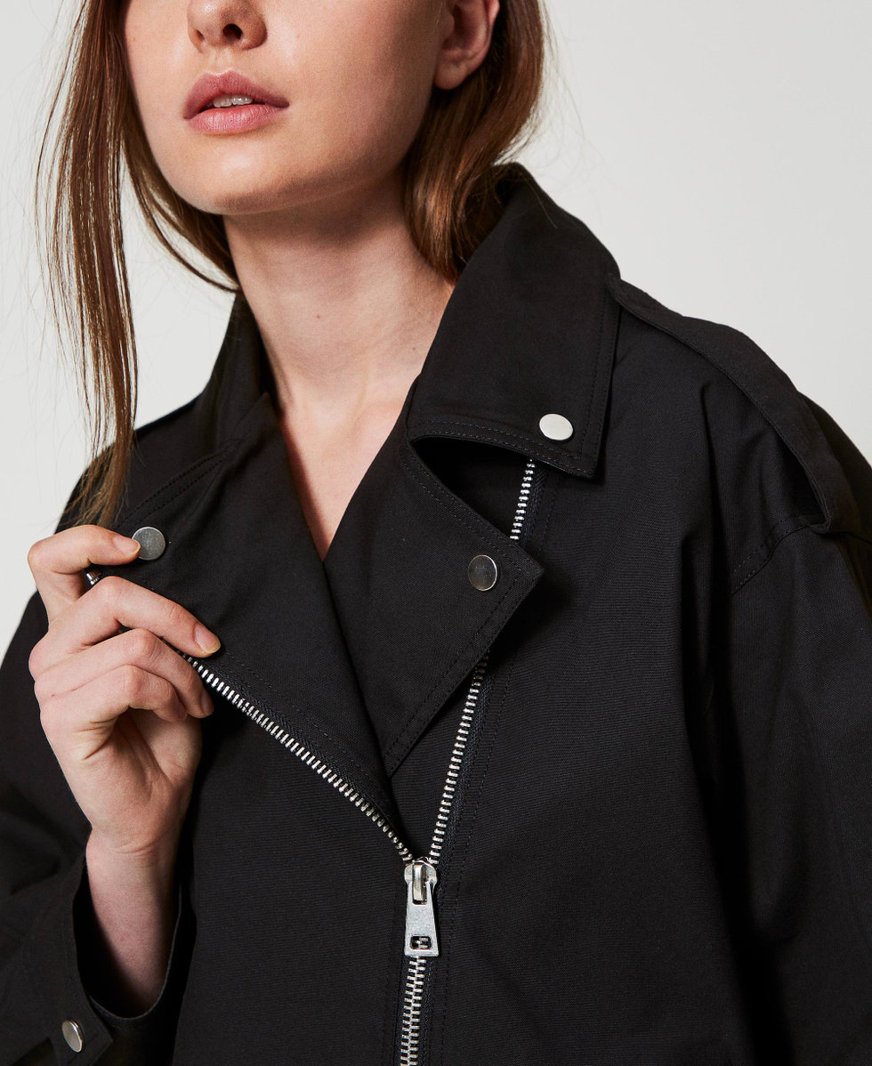 Oversize-Bikerjacke mit G&uuml;rtel Schwarz Frau 251AP2052_00006_04