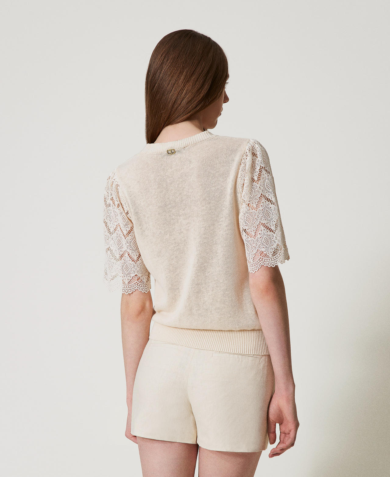 Linen blend jumper with jacquard sleeves Delicate Beige Woman 251TP3341_12140_03