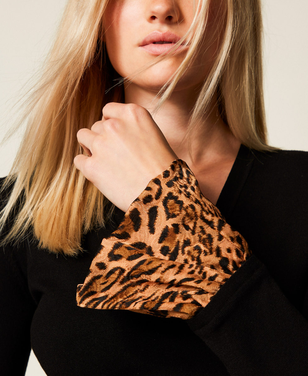 Jumper with animal print inserts Black/Coffee/Land Brown Animal Print Woman 252TP3154_12754_04