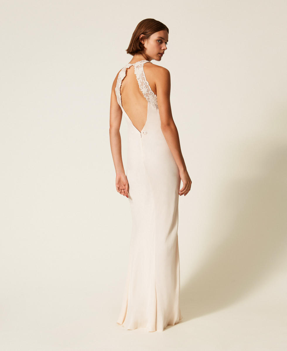 Long satin halter dress with embroidery Light Natural Woman 252TT2240_12227_03