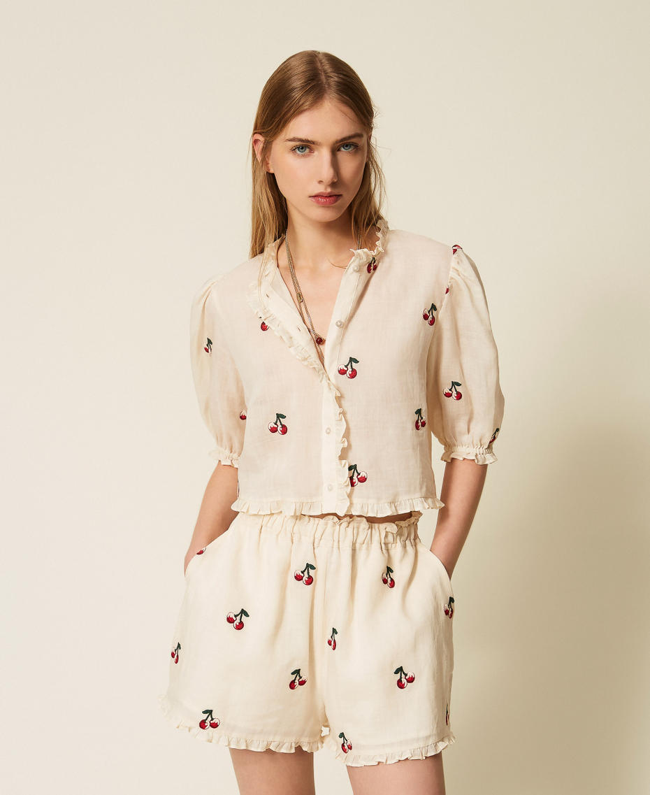 Cropped ramie shirt with cherry embroidery Parchment White/Cherry Red Embroidery Woman 261TT2420_13577_01