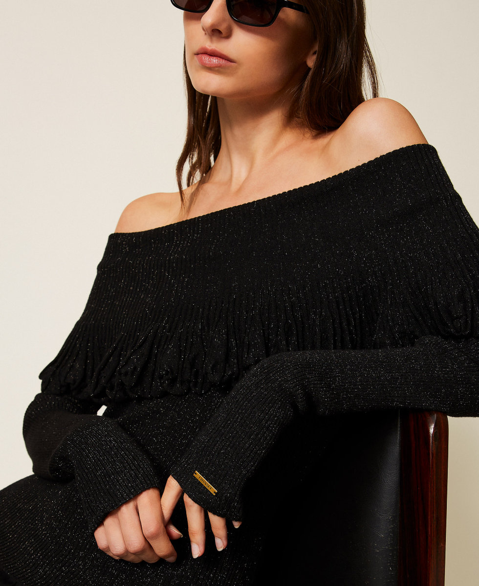 Pull &eacute;paules d&eacute;nud&eacute;es avec volant Noir Lurex Femme 252LL3LEE_12957_04