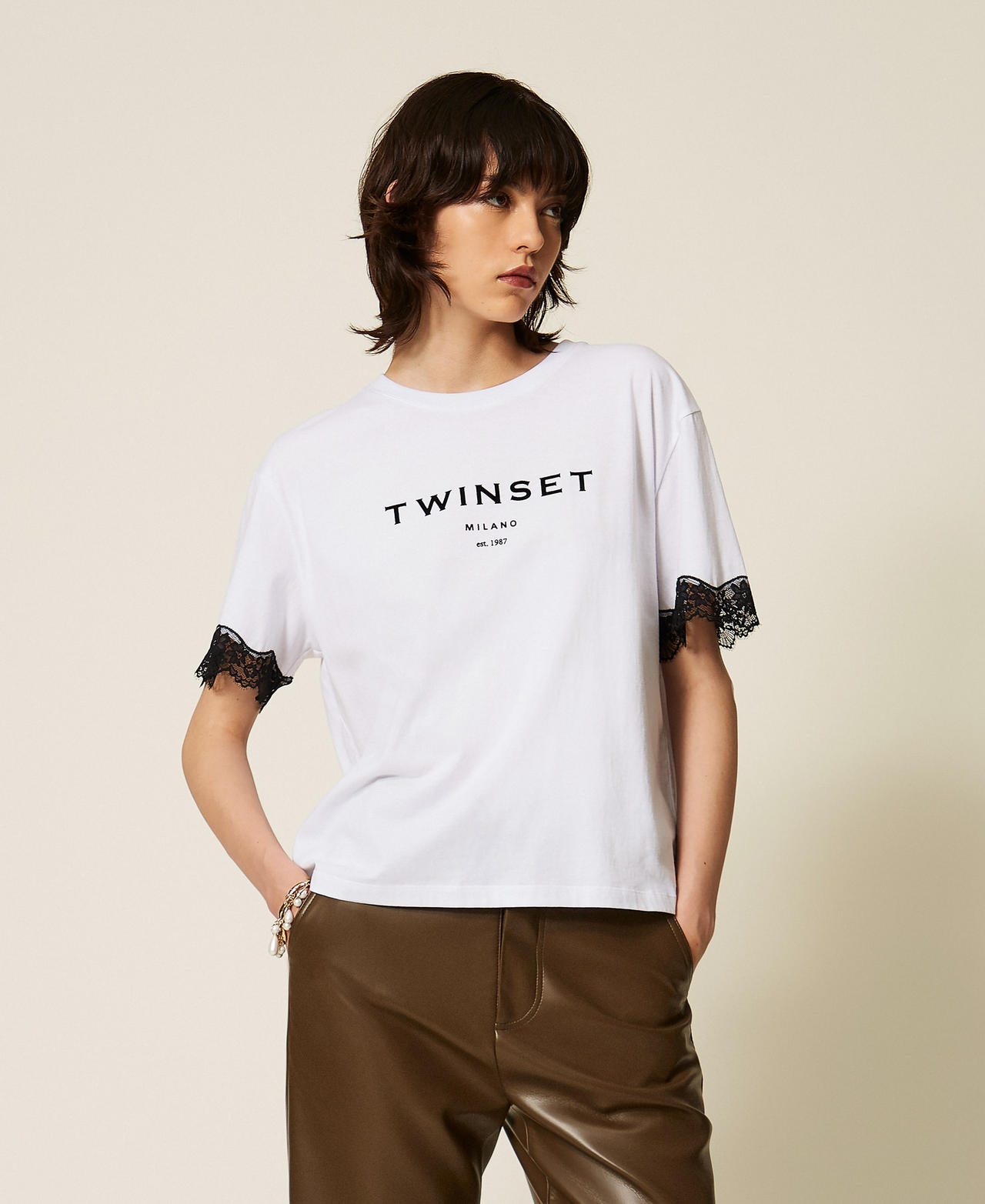 T-shirt in jersey con logo e pizzo Bicolor Bianco Ottico / Nero Donna 262TP2304_01870_01