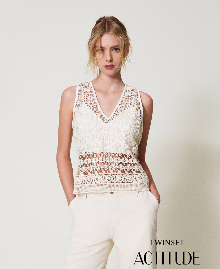 Macramé laceand jersey top Sugar White Woman 251AP2501_00632_PA