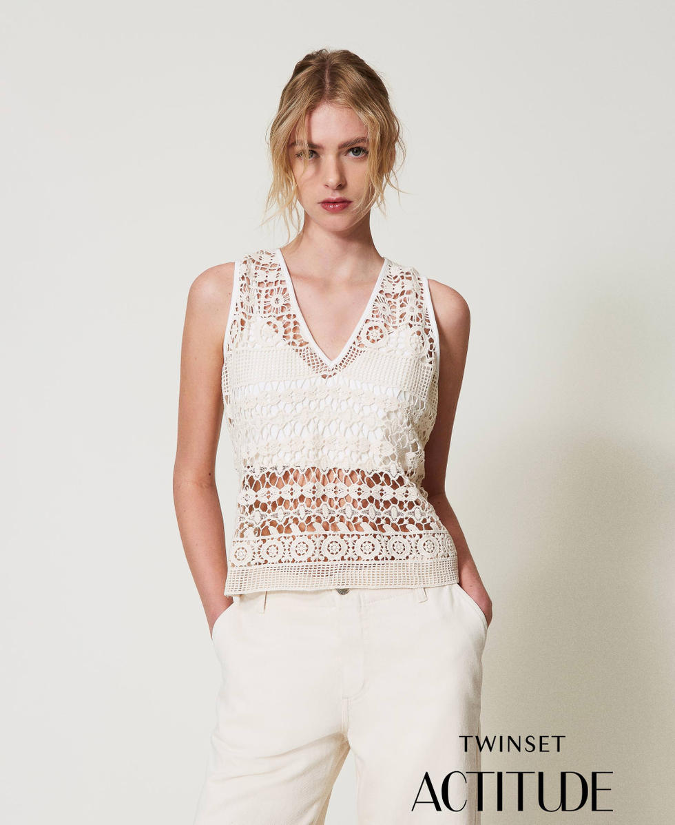 Macram&eacute; laceand jersey top Sugar White Woman 251AP2501_00632_PA