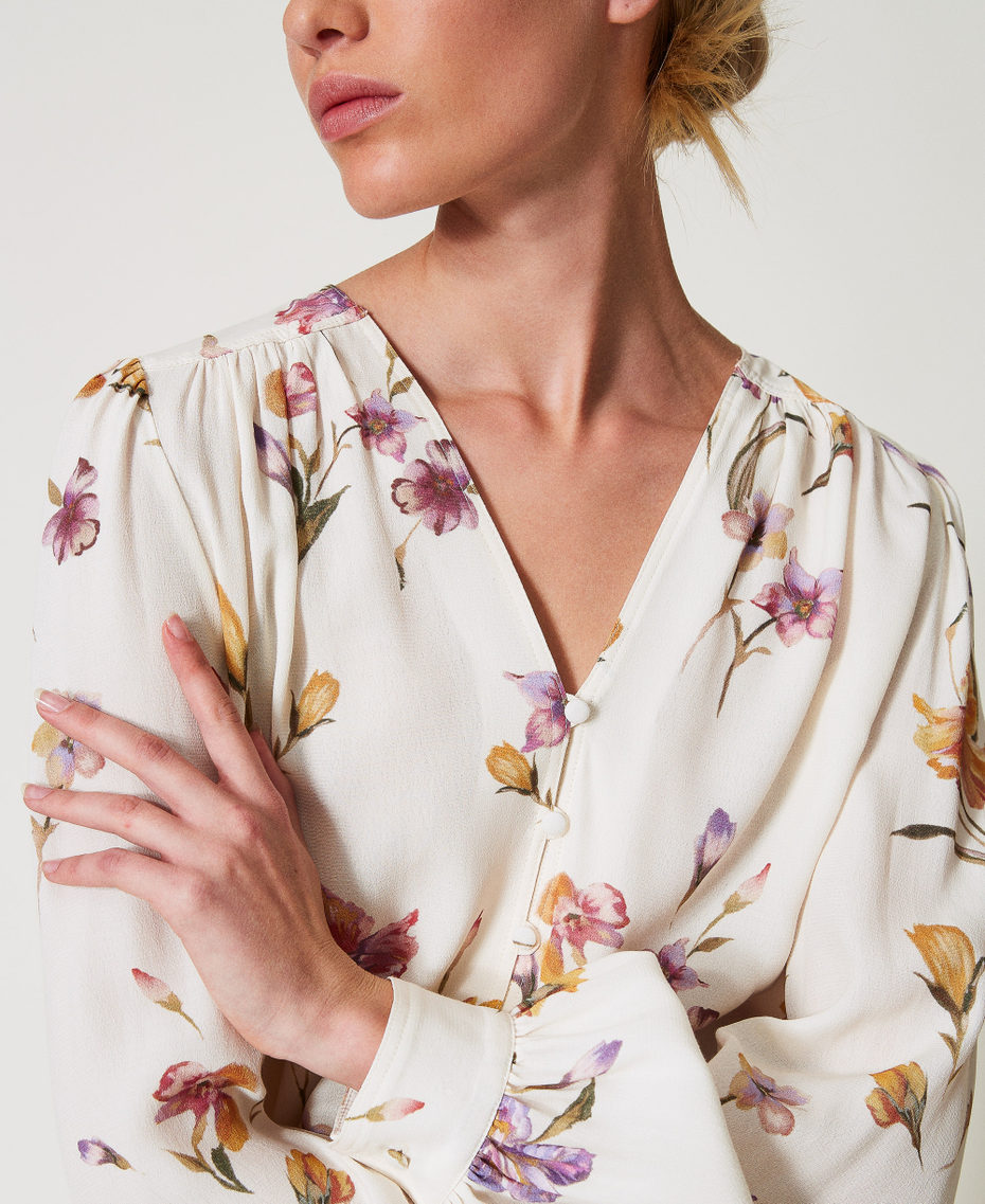 Camicia in cr&ecirc;pe de Chine a fiori Stampa Iris Multicolor / Madreperla Donna 251TP2774_12329_08