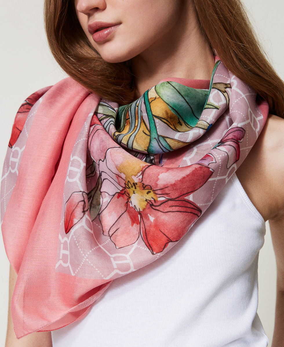 Keffiyeh with logo and flower print Peach Flowers Print Woman 251TA4330_12220_T0
