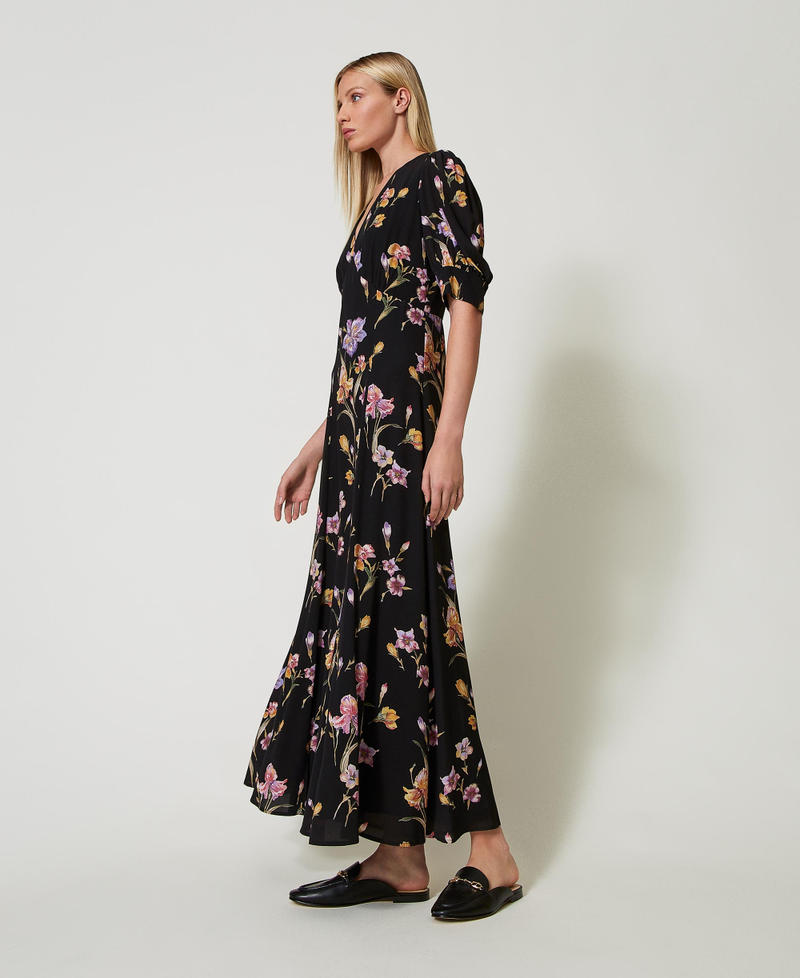Long cr&ecirc;pe de Chine floral dress Multicolour/Black Iris Print Woman 251TP2770_12328_02