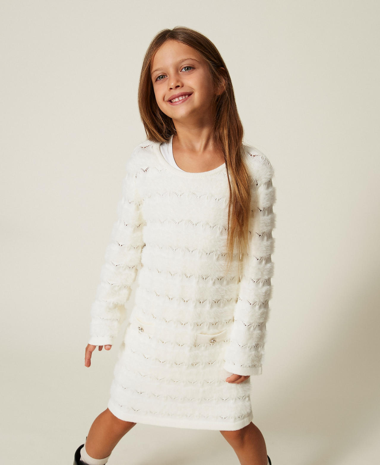 TWINSET - Robe courte fille en maille avec boutons, Femme, Blanc Neige, 4A