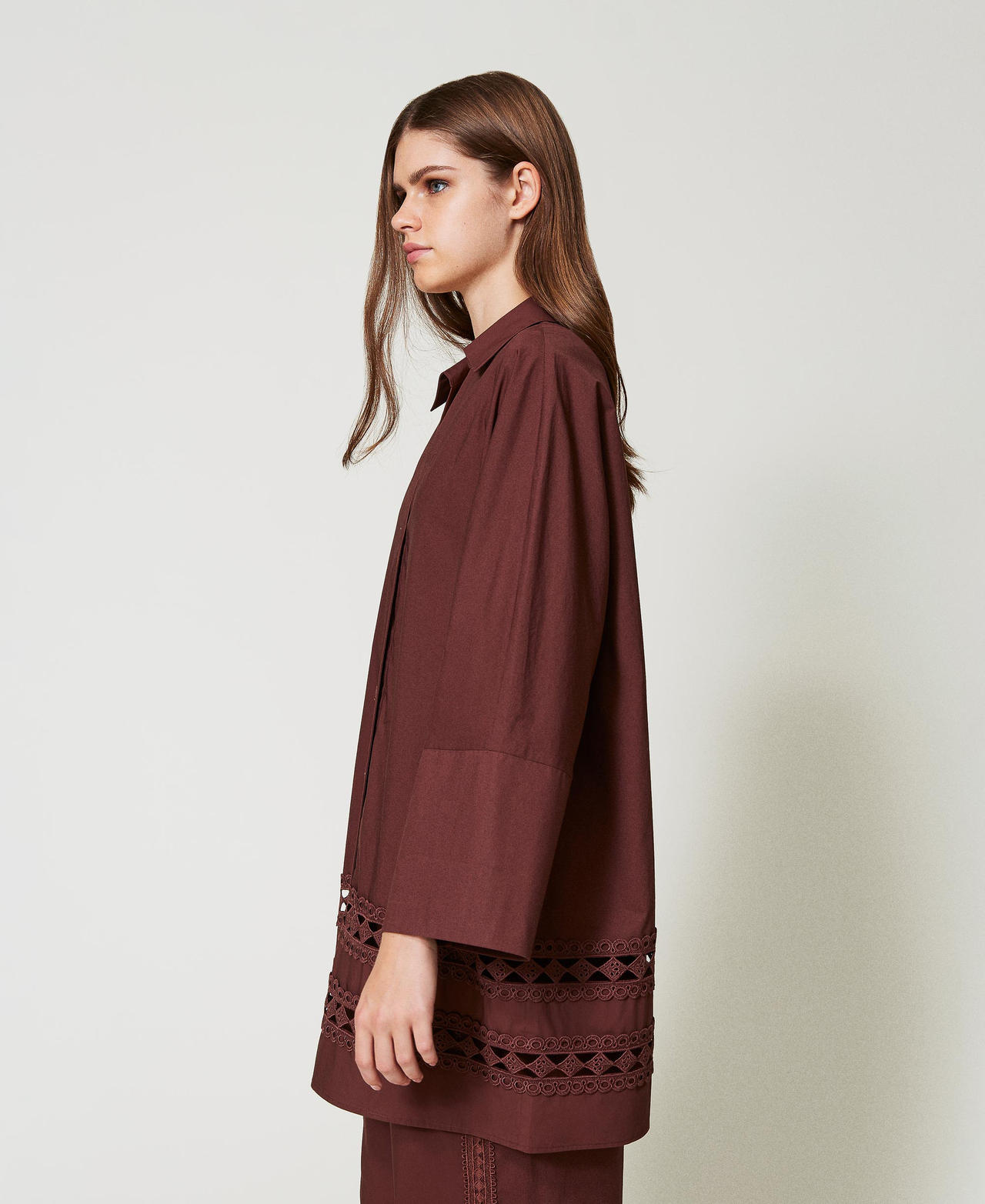 Poplin shirt with crochet detail Brown Stone Woman 251LB2KBB_12133_02
