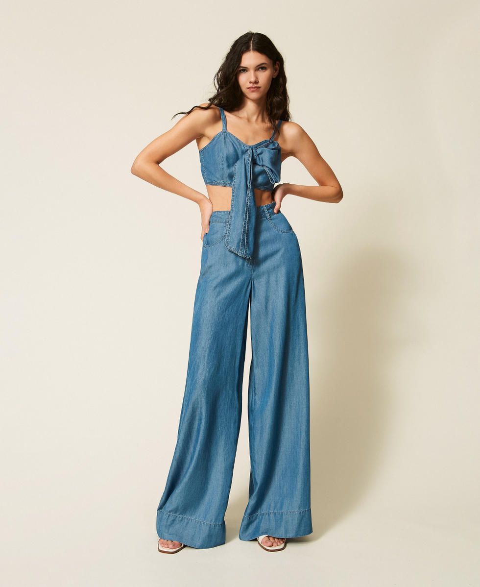 Pantalon palazzo en jean Denim Bleu Clair Femme 261AT2053_07283_01