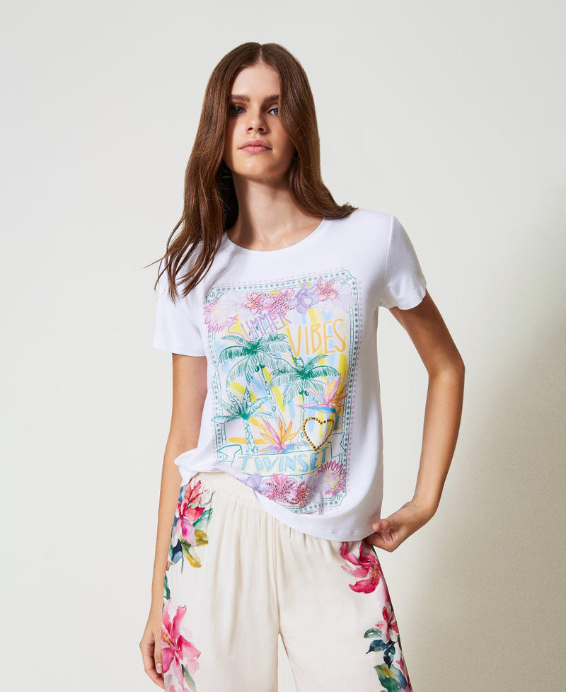 Printed T-shirt with rhinestone heart Mother Of Pearl Woman 251LB2WCC_00059_01