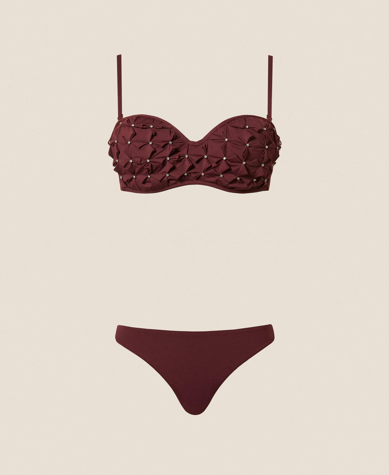 Twinset Beachwear - Embroidered bandeau bikini top and briefs, "Wine tasting" Purple, Rhinestones, Size: 2-B