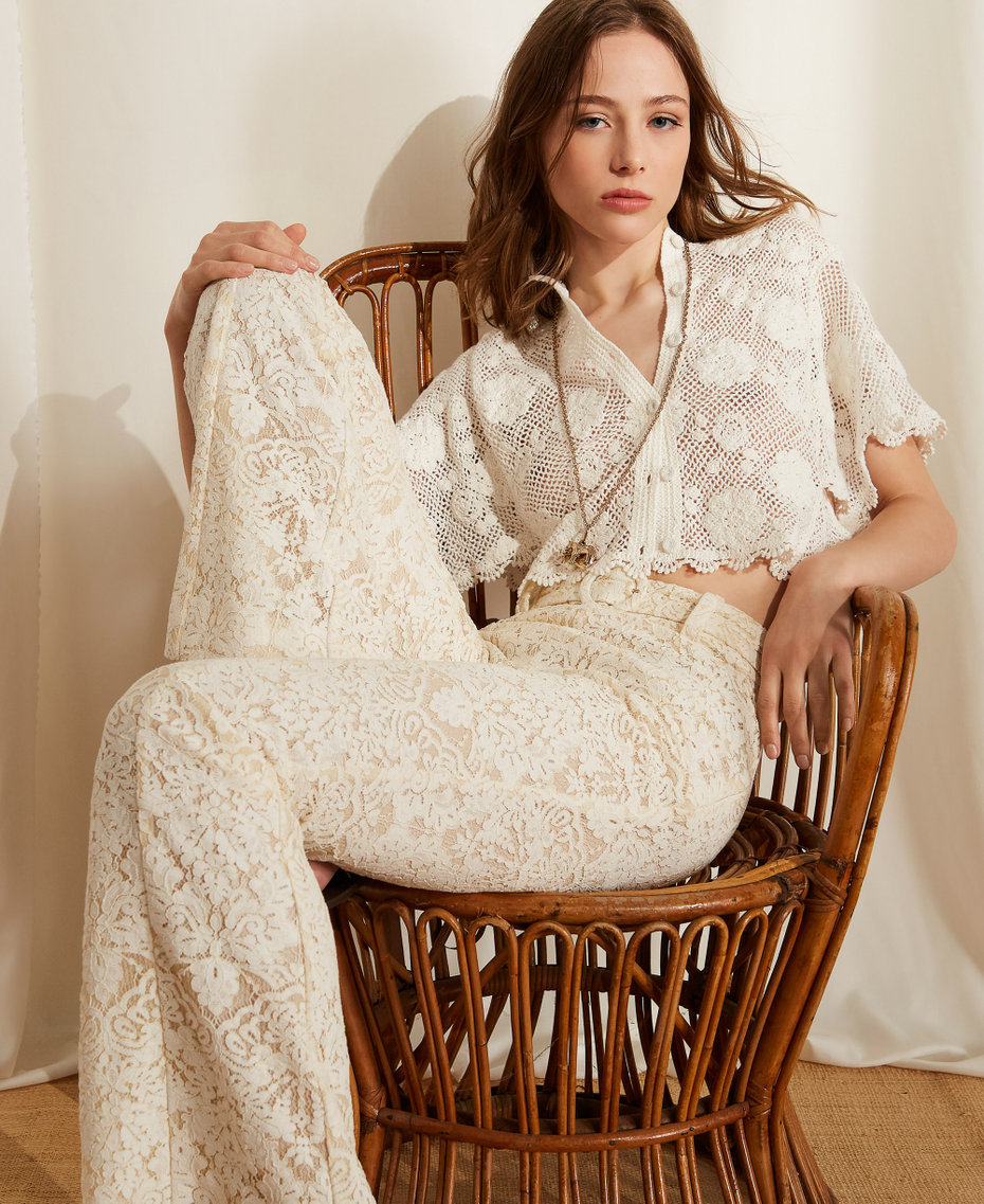 Flared lace trousers with belt Mother Of Pearl Woman 261TT2314_00059_PC