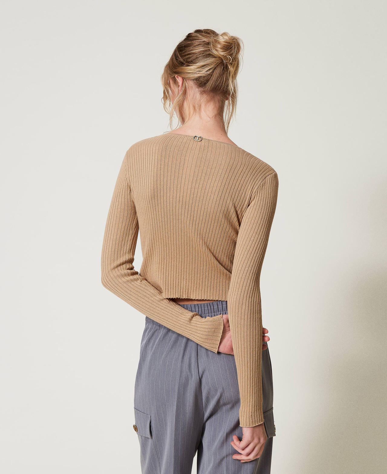 Trompe-l'oeil fitted cardigan Two-tone Rope Beige/Snow Woman 251TE3012_12292_03