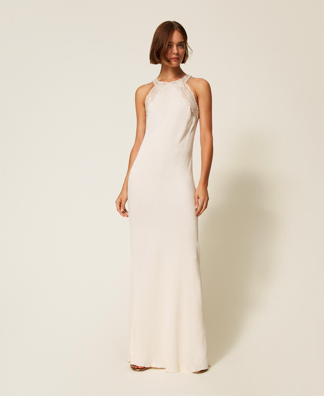 Long satin halter dress with embroidery Light Natural Woman 252TT2240_12227_01