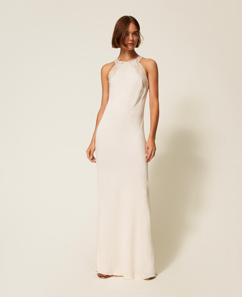 Long satin halter dress with embroidery Light Natural Woman 252TT2240_12227_01