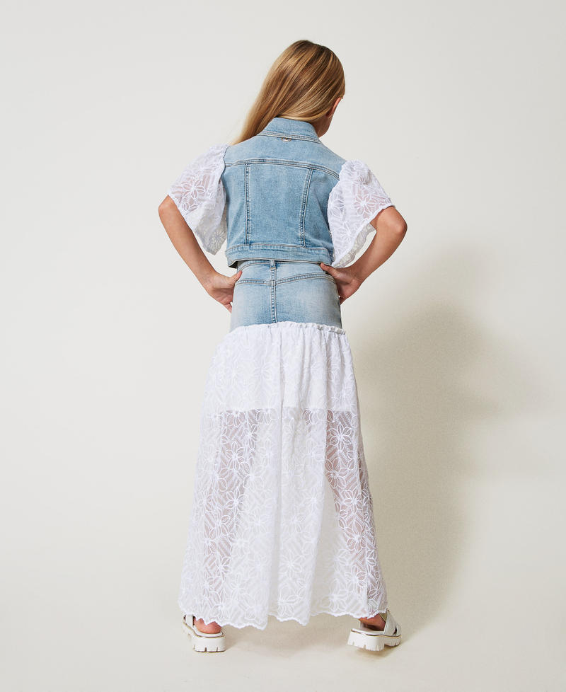 Long denim and embroidered tulle skirt Two-tone Light Denim/Ice Girl 251GJ2523_12279_03