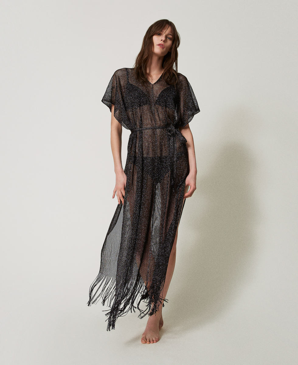 Caftan long en filet et lurex avec franges Noir Femme 251TO5180_00006_01