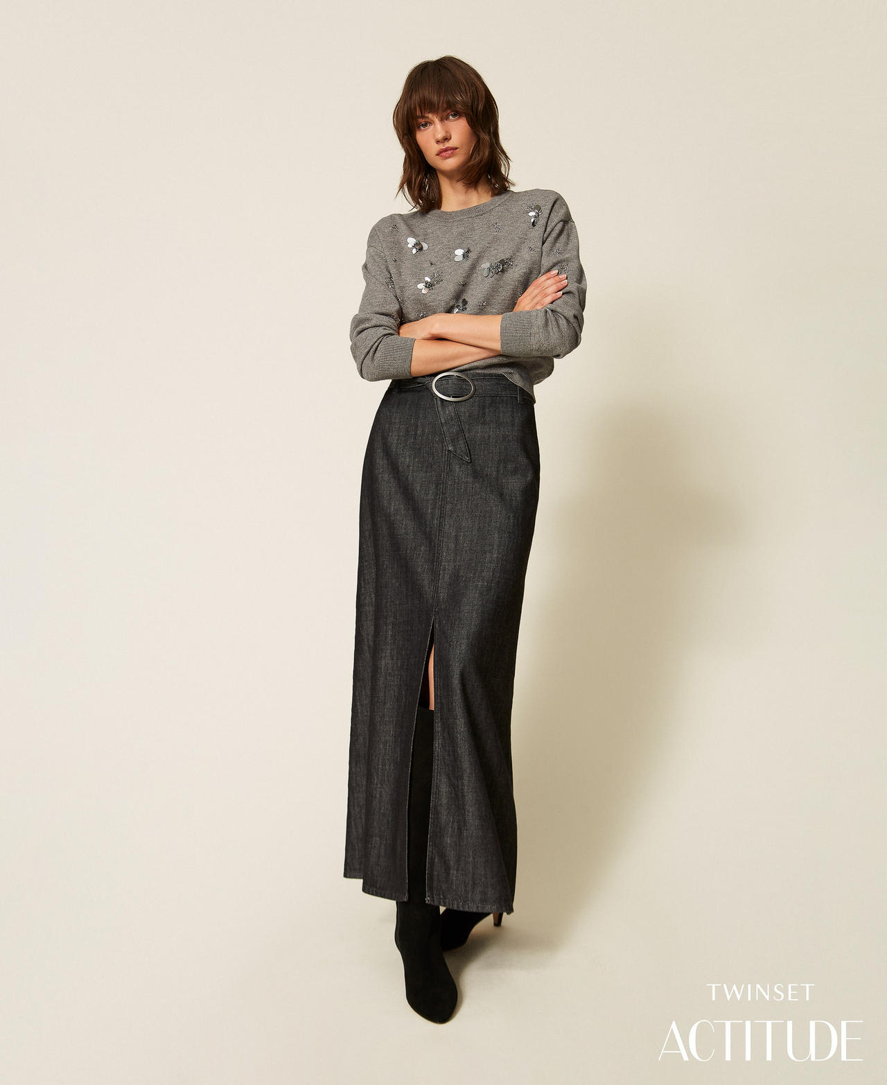 Long flowing denim skirt Black Denim Woman 262AP2061_01103_PA
