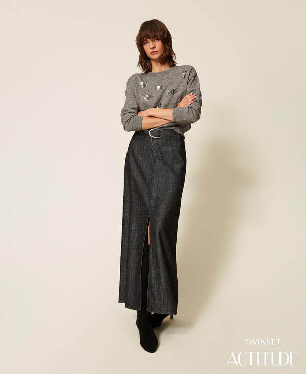 Long flowing denim skirt