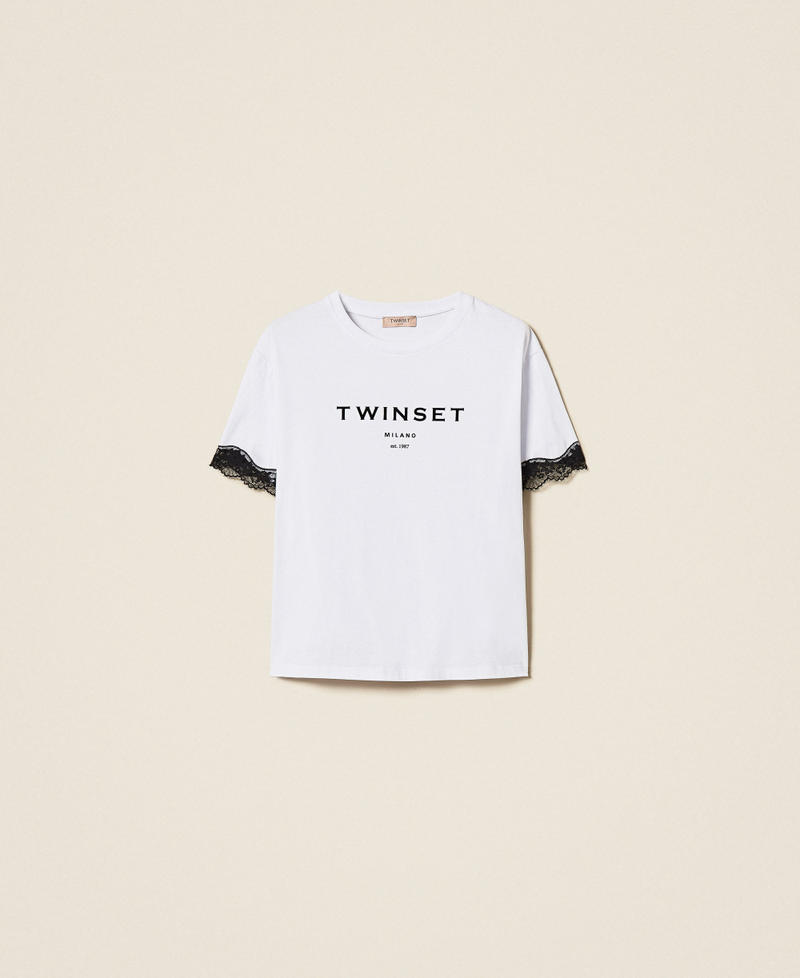 T-shirt in jersey con logo e pizzo Bicolor Bianco Ottico / Nero Donna 262TP2304_01870_S0