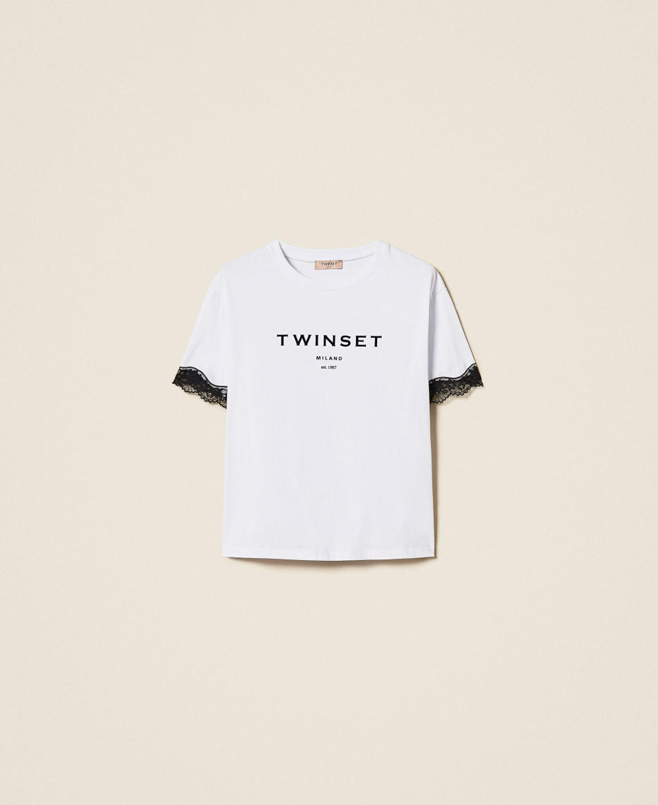 T-shirt in jersey con logo e pizzo Bicolor Bianco Ottico / Nero Donna 262TP2304_01870_S0