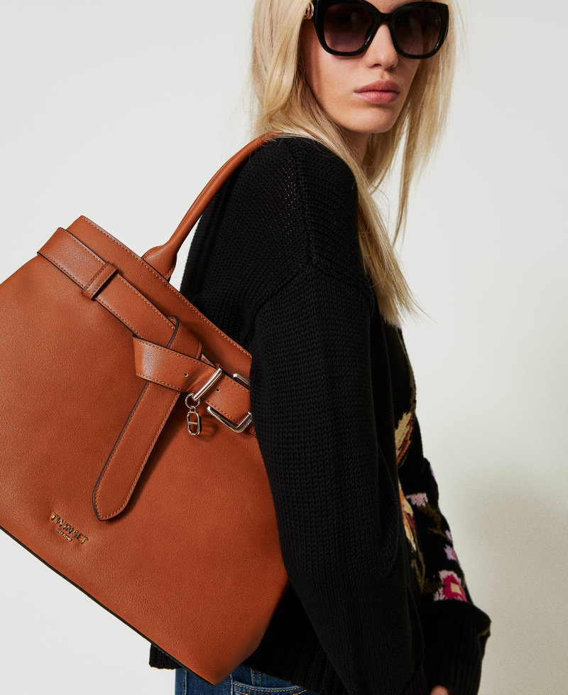 ‘Voyage’ shopper bag with decorative belt Leather Brown Woman 251TB7291_00057_T0