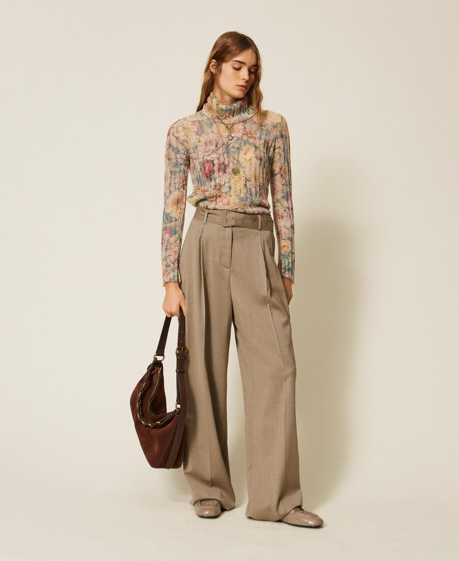 Rollkragenpullover mit Print Flowers Indigoblau / Multicolor Frau 262TT3401_14099_T0